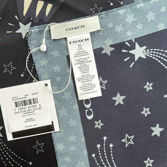 COACH REXY SHOOTING STAR PRINT SILK SQUARE SCARF:NWT BLACK/MARINECZ424 - Picture 6 of 6